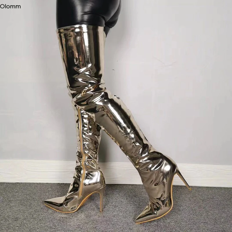 

Olomm Handmade Women Thigh High Boots Sexy Stiletto Heels Boots Pointed Toe Gorgeous Champagne Shoes Women Plus US Size 5-15