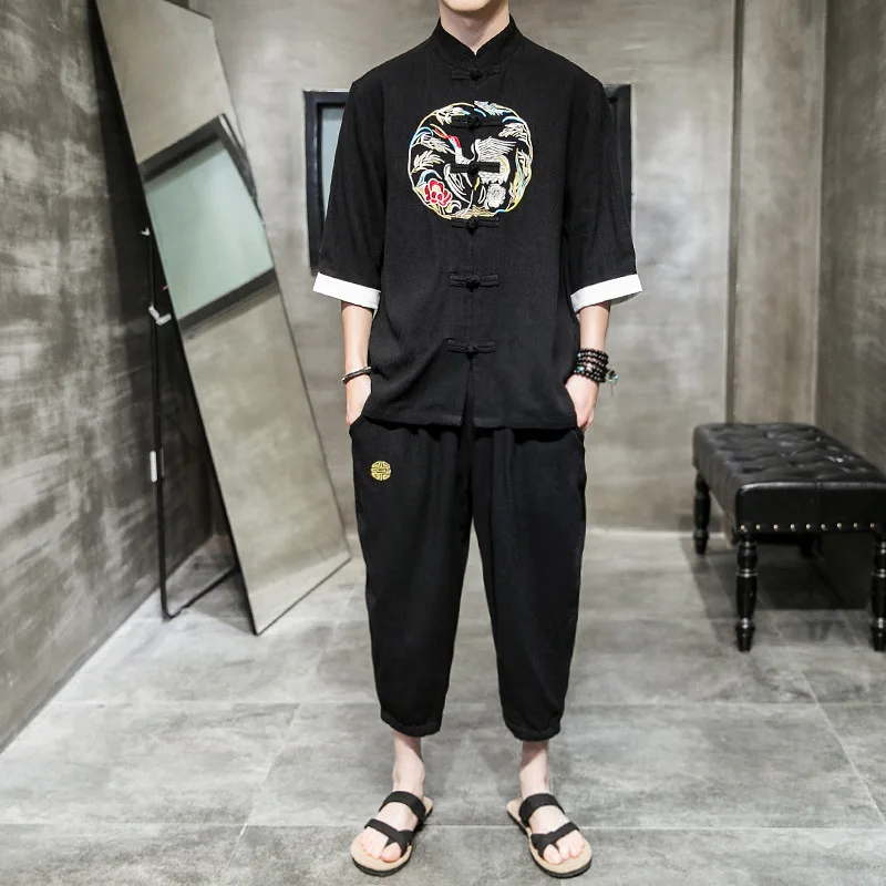 

Chinese style Tang suit cotton and linen two-piece Chinese ancient style linen tea suit male Zen layman's clothing Hanfu suit