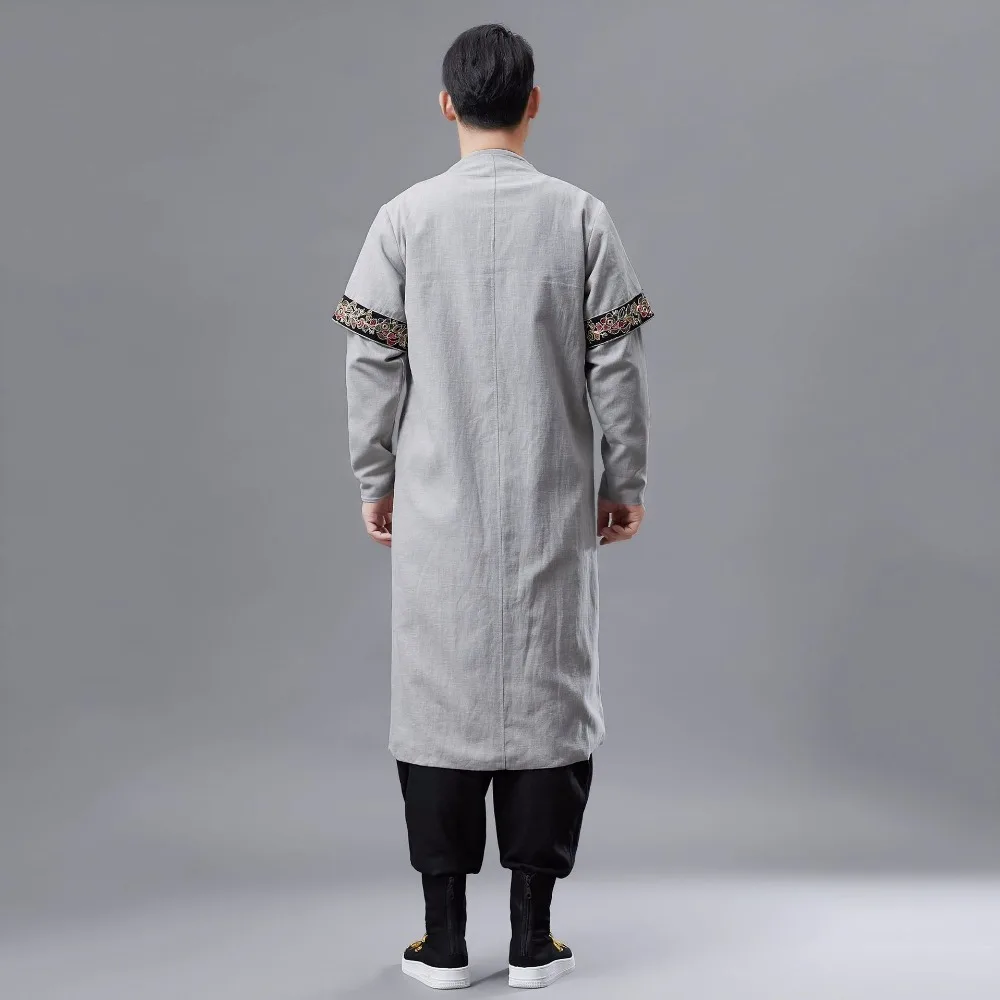 LZJN 2019 Men Autumn Trench Coat Cotton Linen Longline Long Sleeve Jacket Chinese Frog Buttons Outfit Overcoat with Pockets (28)