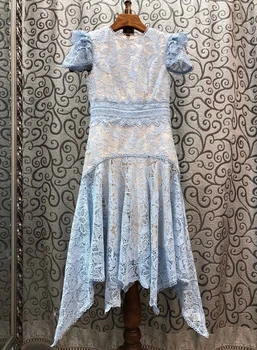 

2020 Spring and Summer New Women's round Neck Back Zipper Water Soluble Lace Embroidered A- line Swing Short-Sleeve Dress 602