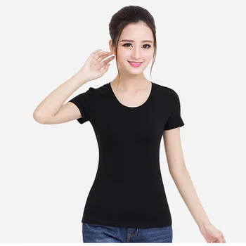 

2020 women2020 Slim sports pure black half sleeve tight round neck solid color cotton short-sleeved T-shirt