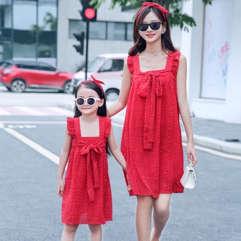 

Ruffled Sleeveless Mother Daughter Dresses Chiffon Mommy and Me Matching Clothes Family Look Mom Mum & Baby Women Girls Dress