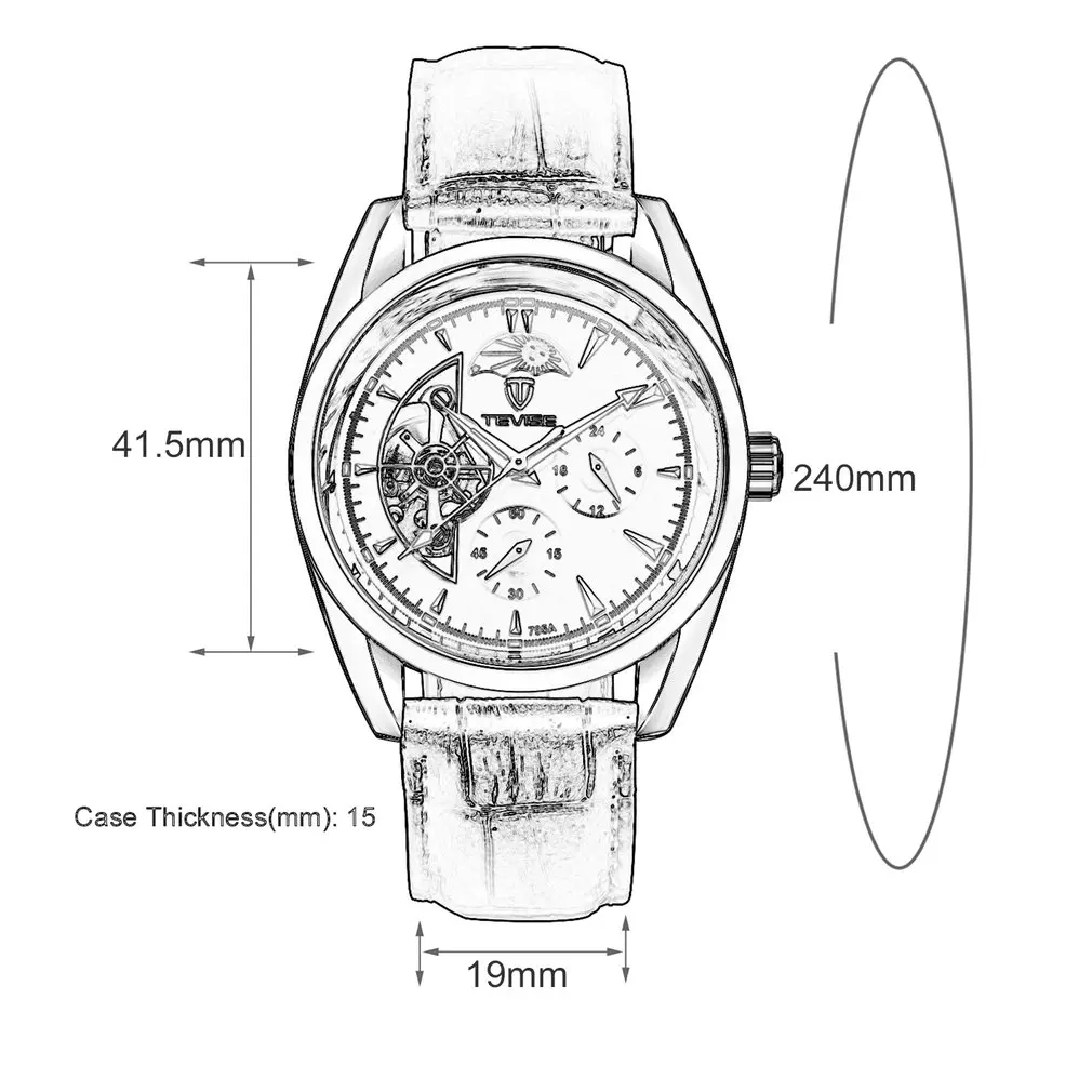 TEVISE, мужские часы, Tourbillon, автоматический кожаный ремешок, часы, Роскошные, фаза Луны, механические, водонепроницаемые, часы с выдалбливающим циферблатом
