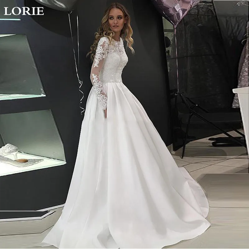 

LORIE Princess Wedding Dress Long Sleeve Satin A Line Bride Dresses With Pocket Boho Wedding Gown Vestido de noiva