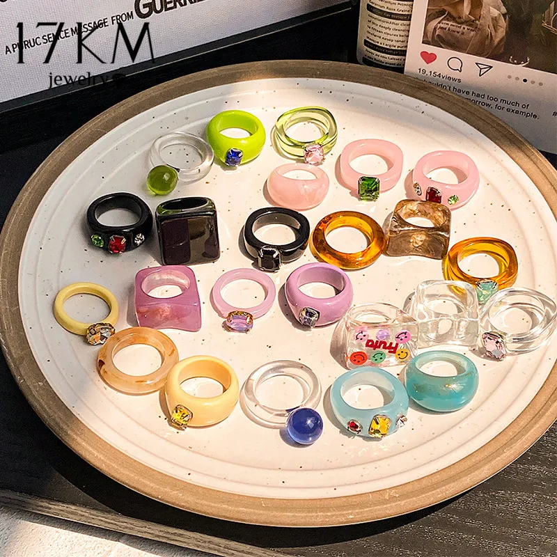 17KM de moda colorido de resina transparente anillo para las mujeres las niñas cuadrado geométrico redondo anillos de acrílico 2021 tendencia de la joyería