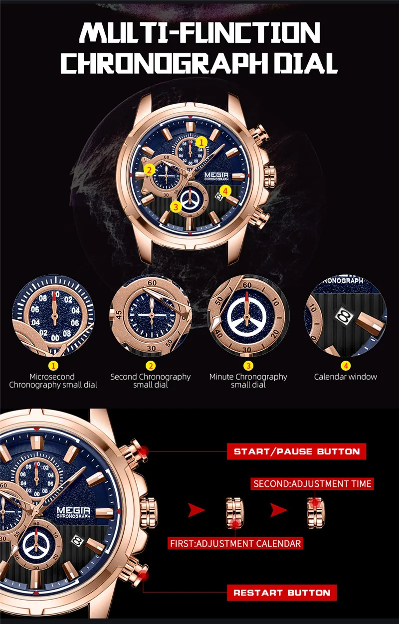 MEGIR часы мужские водонепроницаемые Хронограф военные армейские мужские часы лучший бренд Роскошные черные резиновые деловые мужские спортивные наручные часы 2101