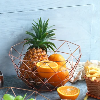 

Chic Rose Gold Fruit Basket Scandinavia Golden Wrought Iron Storage Basket Home Decor Living Room Snack Organizer Basket