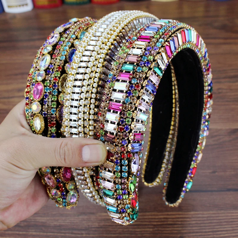 Luxury Full Crystal Pearl Baroque Hairband Padded Rhinestone Princess Headband For Women Wedding Headdress Birthday Hair Jewelry