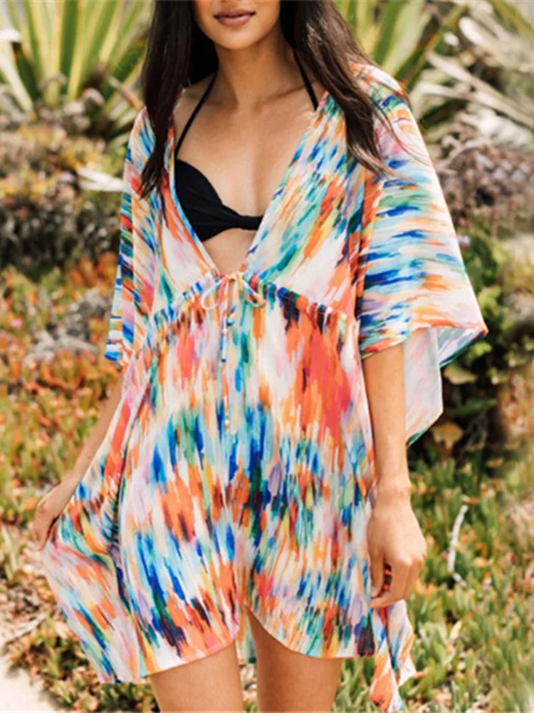 Женское шифоновое пляжное бикини с принтом тай-Дай глубоким V-образным вырезом |