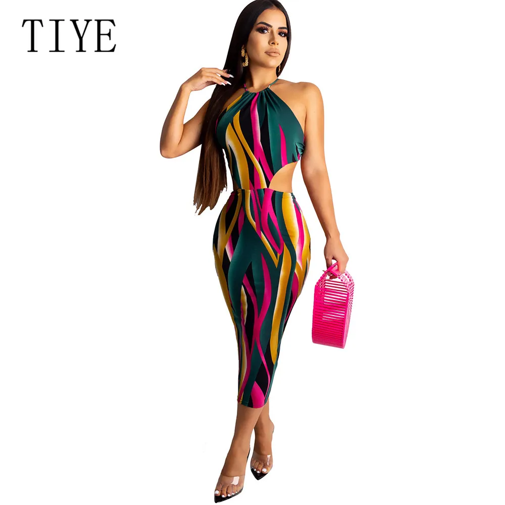 

TIYE Rainbow Color Stripe Printed Backless Women Halter Dress Sexy Sleeveless Hollow Out Summer Vintage Party Bodycon Dress