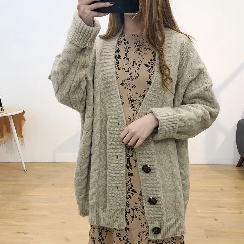

Spring Sweater Cardigan Women's Loose-Fit Laziness-Style Large Buttons V-neck Linen Flower Color Sweater Short Jacket Tops