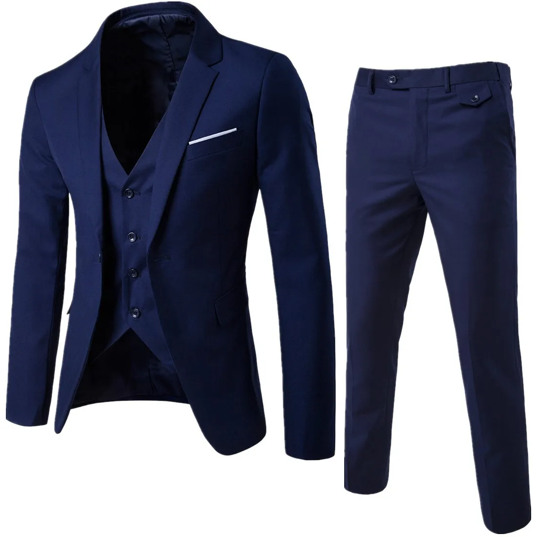 Куртка+ брюки+ жилет) Роскошные мужские повседневные Свадебные смокинги мужская одежда мужской тонкий костюм модные мужские деловые вечерние костюмы - Цвет: Navy blue 3-pcs set