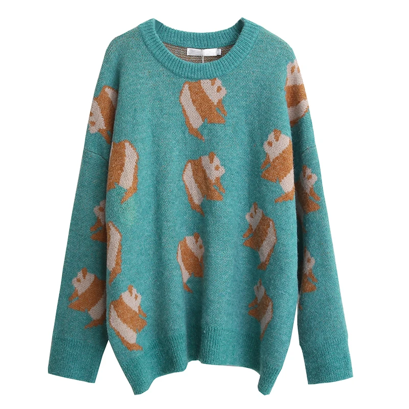 

PERHAPS U women long sweater knitted pullovers long sleeve Mint khaki panda pattern loose winter M0157