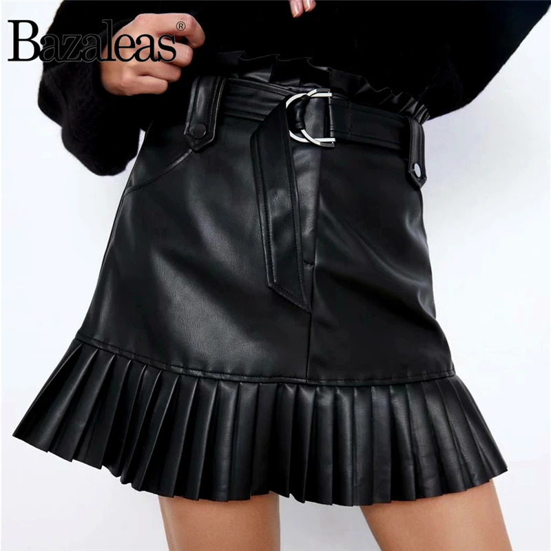 Bazaleas винтажная черная модная плиссированная юбка из искусственной кожи с карманами, женские юбки с завышенной талией, Франция, женские юбки с поясом