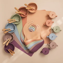 Baby Feeding Bib Set Non-Slip Spoon Fork Feeding Cup Placemat Crockery Food Grade Silicone Dishes Baby Feeding Learned Tableware