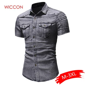 

2020 Denim Cotton Men Fit Slim Fashion Shirts Summer Tops Casual Solid Short Sleeve Pocket Shirt