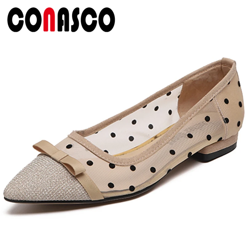 

CONASCO Fashion Concise Woman Pumps Pointed Toe Square Heels Polka Dot Mesh Butterfly Knot Wedding Casual Shallow Shoes Woman