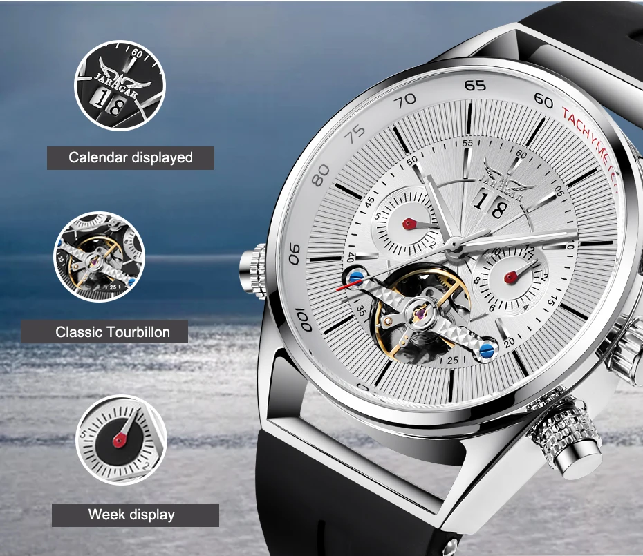 JARAGA часы Tourbillion модные черные силиконовые часы многофункциональные автоматические мужские часы механические часы для мужчин