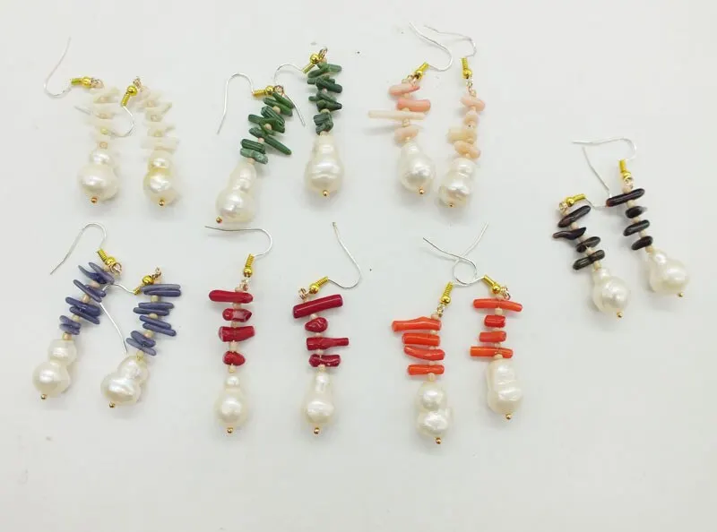 Wholesale 7 pairs, natural pearl coral earrings ,bridesmaid gift, wedding favor white pearl drop earrings, beaded coral jewelry
