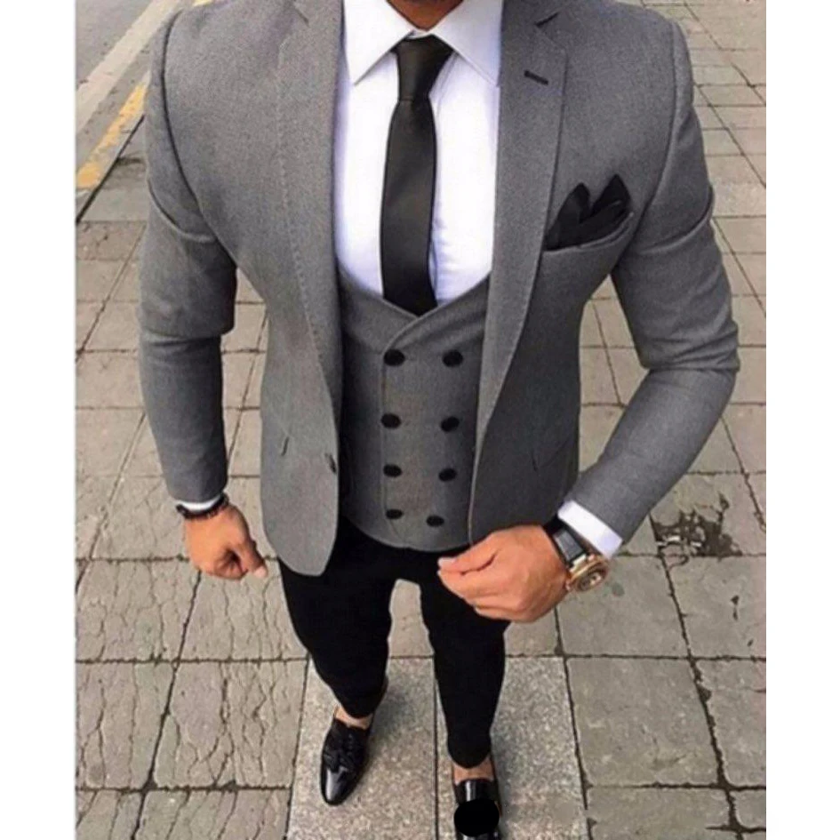 Latest Design Groom Tuxedos One Button Gray Notch Lapel Groomsmen Wedding Mens Blazer Party Suits (Jacket+Pants+Vest+Tie) | Мужская