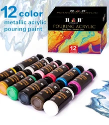 Ensemble de peinture acrylique métallique prêt à verser, bouteilles de bricolage Pour les Surfaces étirées, la toile, le bois, l'argile sèche à l'air 12*60ml 