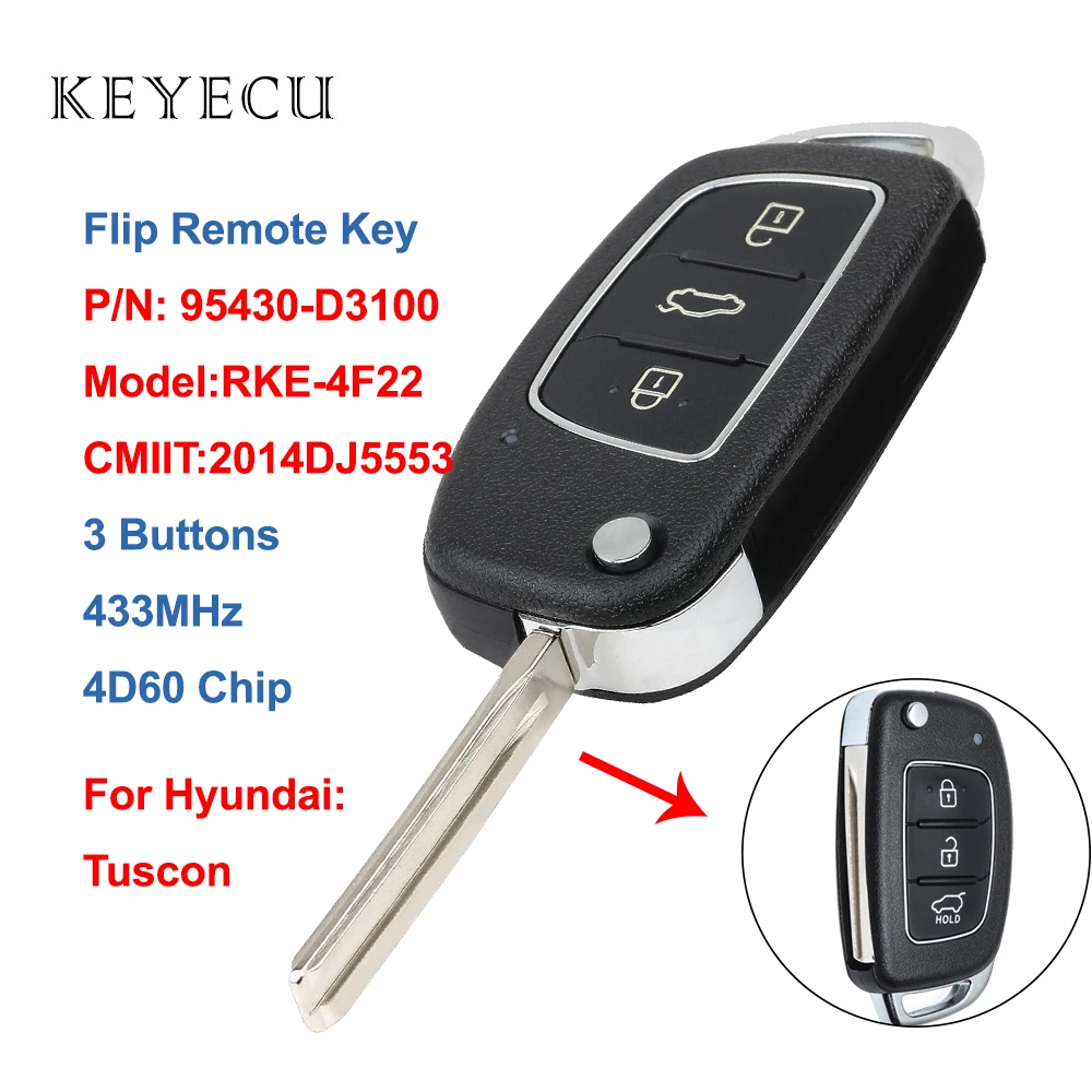 

Keyecu Flip Remote Key Fob 3 Button 433MHz 4D60 Chip for Hyundai Tuscon 2015-2017 P/N: 95430-D3100