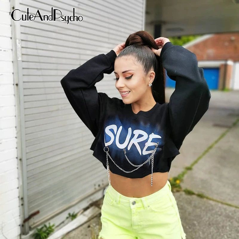 

Drilling Metal Chain Sweatshirt Women Letter Printed Punk Cropped Top Pullover Casual Loose Streetwear Long Sleeve Cuteandpsycho
