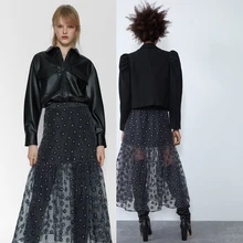 Za женские юбки в стиле casual с принтом в горошек с пышной юбкой перспективы органза Высокая Талия элегантные сапоги до середины икры Mujer Moda шик размера плюс