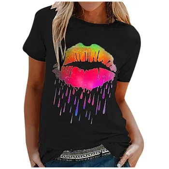 

New Women T Shirt Colorful Lip Print Short Sleeve Tops Tshirt Fashion O-Neck Tunic Shirt Casual Summer Clothes Mujer Plus Size