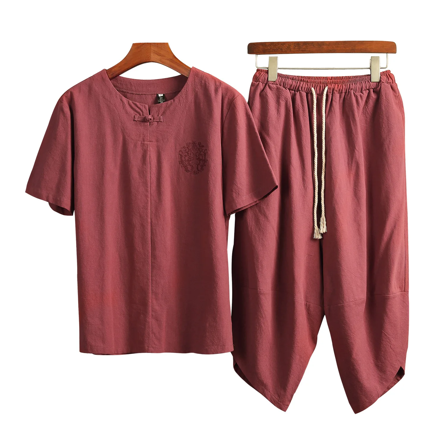 

Summer New Style Retro Chinese-style Men's Cotton Linen Short Sleeve T-shirt Suit Men Loose-Fit Capri Pants Flax Set
