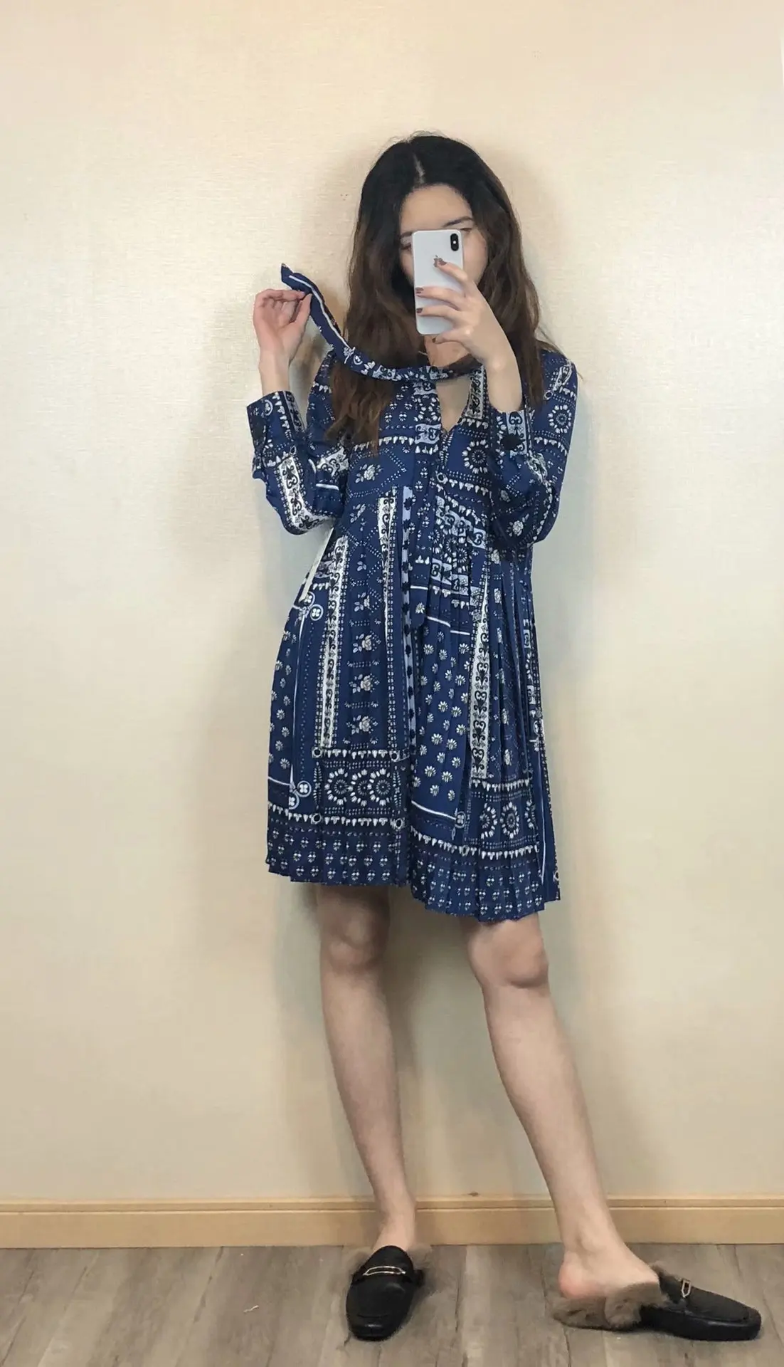

Spring New Products European And American Style Fashion Elegant Patchwork Printed Long Sleeve Bow Collar Dress WOMEN'S Skirt