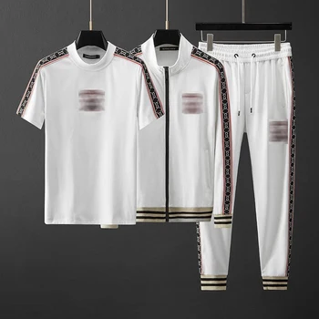 

European and American new leisure sports suit men's autumn and winter clothes embroidered stand-collar cardigan three-piece suit