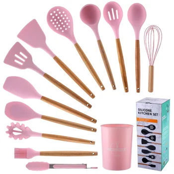 

Wooden Handle Silicone Kitchenware 12 pcs Food Tongs Cooking Spoon Spatula Storage Bucket Set Kitchen Utensils