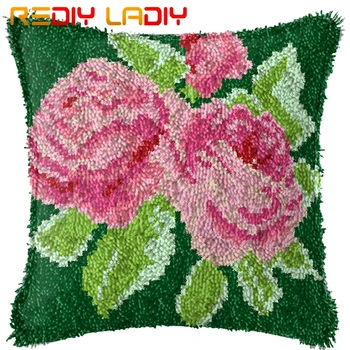 

Latch Hook Cushion Pink Rose Pre-Printed Canvas Cushion Front Acrylic Yarn Crochet Pillow Case Kits Sofa Bed Pillows Home Decor