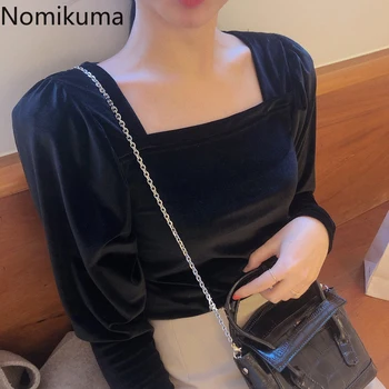 

Nomikuma Velour Slim Basic T Shirt Vintage Square Collar Long Sleeve Tee Tops 2020 Spring Korean Elegant Women T-shirts 3Z472