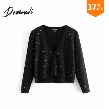 

DEMANDI sweater women's autumn and winter new fashionable, relaxed commuter V-neck sexy wicker-nailed knitted sweater