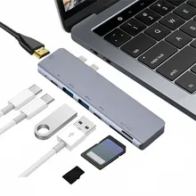 Multi-função 6 em 1 divisor da liga de alumínio do adaptador do leitor de cartão de c multiport 4k hdmi do tipo do cubo da estação de encaixe USB-C para o portátil