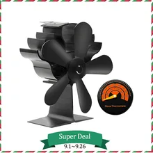 Ventilador de lareira preta com 5 lâminas, ventilador movido a calor, queimador de madeira, ecofan, casa silenciosa, ventilador de lareira eficiente, distribuição de calor