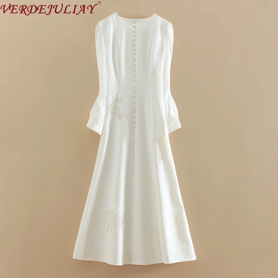 VERDEJULIAY, Осеннее женское платье, подиум, модный дизайн, белый/красный, длинный рукав, открытая пуговица, элегантные вечерние, длинное, XXL платье