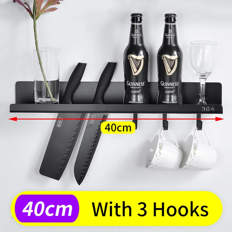 With Hooks-40cm Полка для ванной из черной нержавеющей стали, полки для ванной комнаты, полка для душа, настенный крючок для полотенец, угловые полки для хранения для кухни - Цвет: With Hooks-40cm