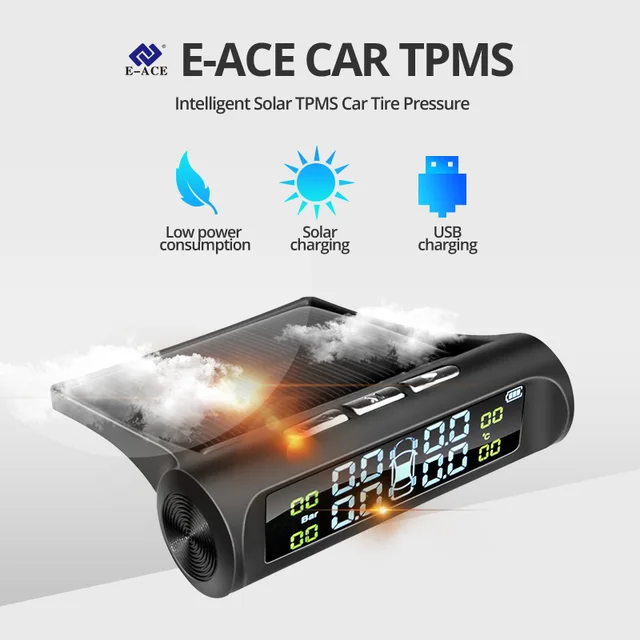 E-ACE Solar Power TPMS Car Tire Pressure Alarm Monitor System Auto Security Alarm Systems Tyre Pressure Temperature Warning 2