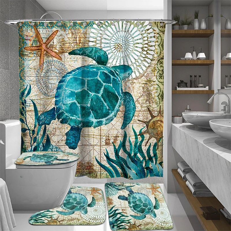 

Creative 3pcs/Set Bathroom Bath Curtain Sets Shower Curtain Sea Turtle Printing Durable Waterproof Toilet Cover Mat Non-Slip Rug