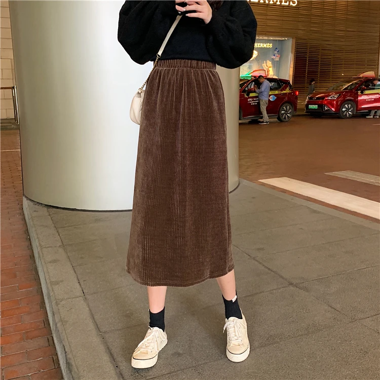 Винтажная Вельветовая Свободная Женская юбка Harajuku с высокой талией, тонкая Однотонная юбка, женская простая Осенняя Новая женская черная юбка