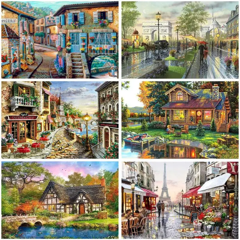 RUOPOTY Full Square Diamond Painting Street 5D DIY Diamond Embroidery Mosaic House Landscape Art Kits Home Decoration
