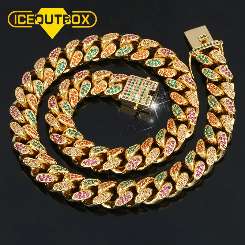 13mm Rainbow Colorful Iced Out Cuban Necklace Men's Hip Hop Gold Chain CZ Bling Fashion Big Necklaces Dropshipping With Gift Box 13mm Rainbow Colorful Iced Out Cuban Necklace Men's Hip Hop Gold Chain CZ Bling Fashion Big Necklaces Dropshipping With Gift Box