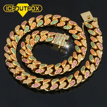 

13mm Rainbow Colorful Iced Out Cuban Necklace Men's Hip Hop Gold Chain CZ Bling Fashion Big Necklaces Dropshipping With Gift Box