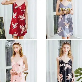 

Womens Summer Imitation Silk Sexy V-Neck Sling Nightdress Red-Crowned Crane Printing Sleepwear Bowknot Bridal Bridesmaid