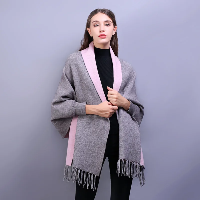 

Winter Reversible Black Sleeve Poncho for Women Warm Scarf Stoles Thicken Pashmina Shawls and Wraps Tassel Wearable Capes