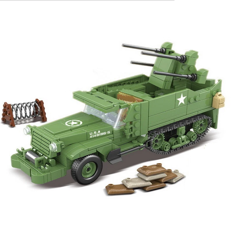 2021 Military WW2 Army US M16 Half Track Defense Tank Soldiers MOC Weapon Figures Building Blocks Bricks Classic Model Toys Kids | Игрушки и