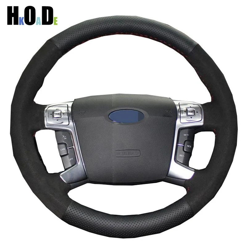 

DIY Genuine Leather Steering Wheel Cover Hand-stitched Black Car Steering Wheel Cover for Ford S-Max 2008 Mondeo Mk4 2007-2012